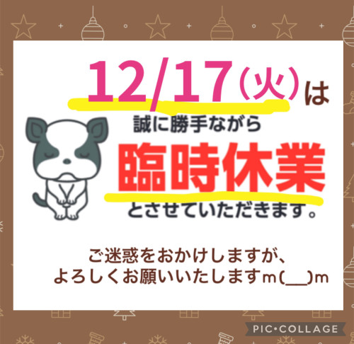 12/17（火）は臨時休業となります