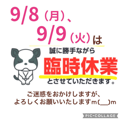 9/8（月）、9/9（火）は臨時休業となります。