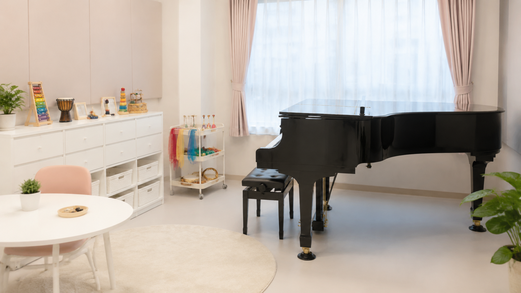 白い家具と黒いグランドピアノのあるMusic Room Graceの教室