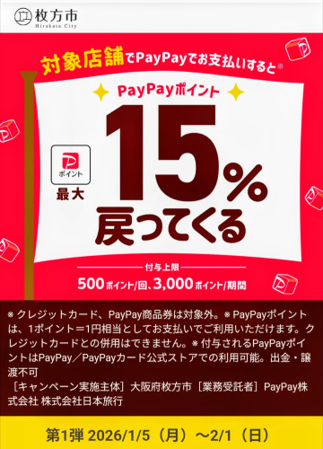 枚方市PayPayキャンペーン対象店舗のお知らせ〜♪