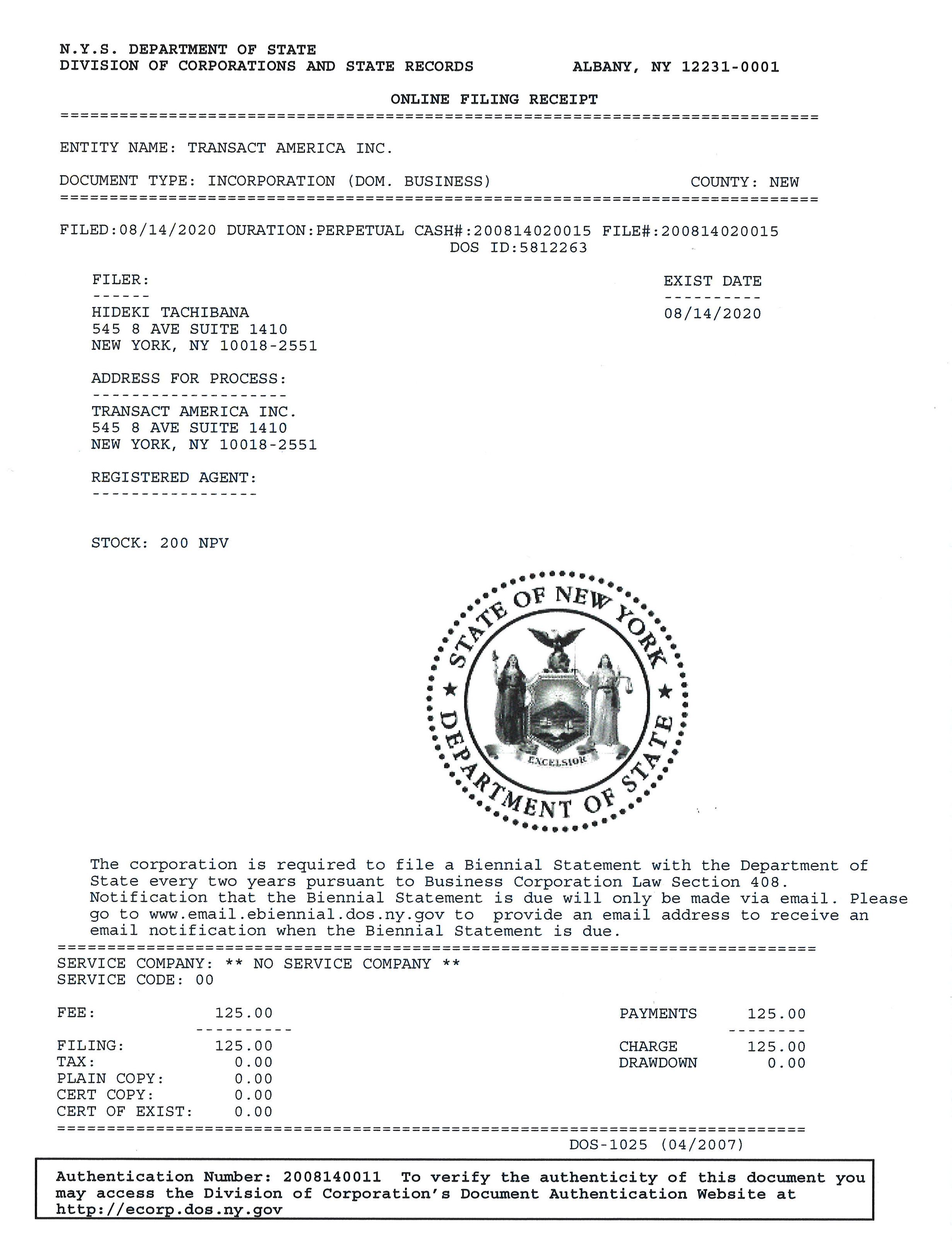 ONLINE FILING RECEIPT TransACT America Inc New York