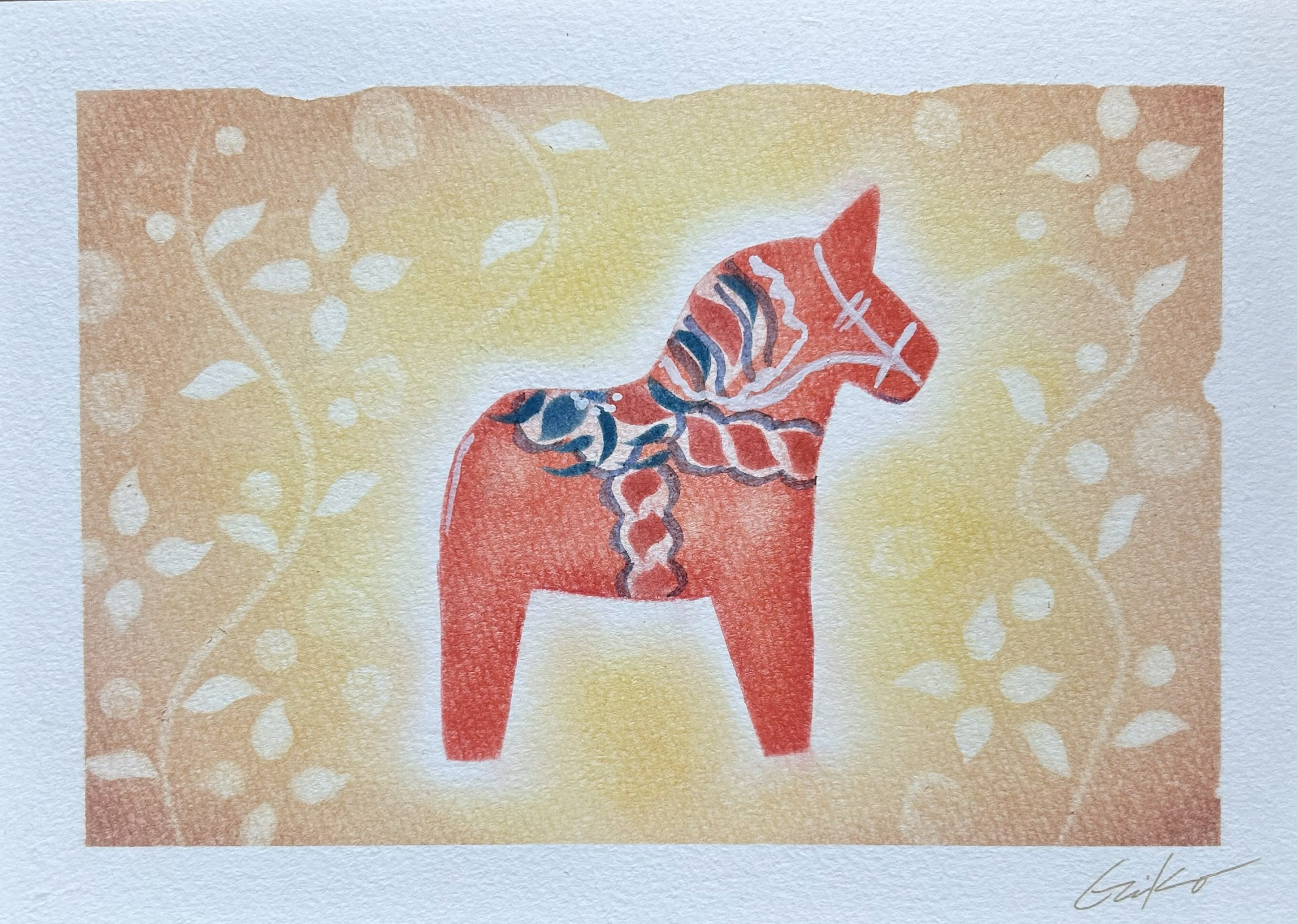 パステルアート　ダラーナホースを描く