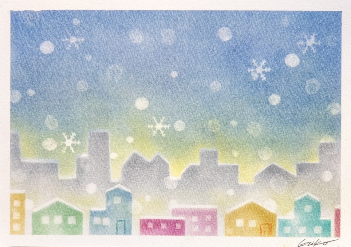 雪降る街並　パステルアート