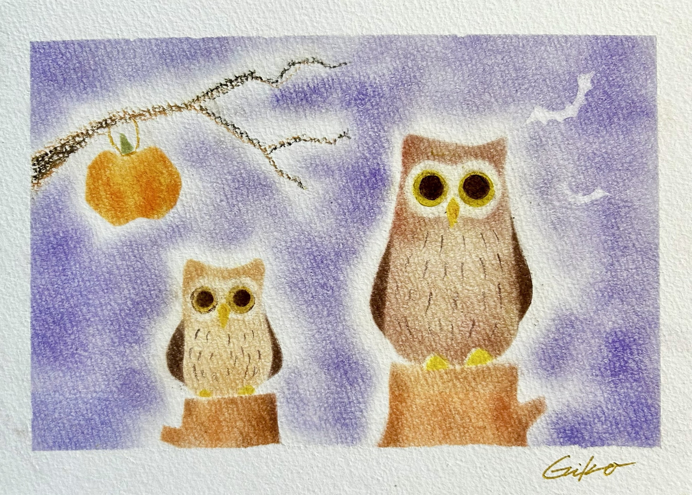 ミミズクを描く　パステルアート