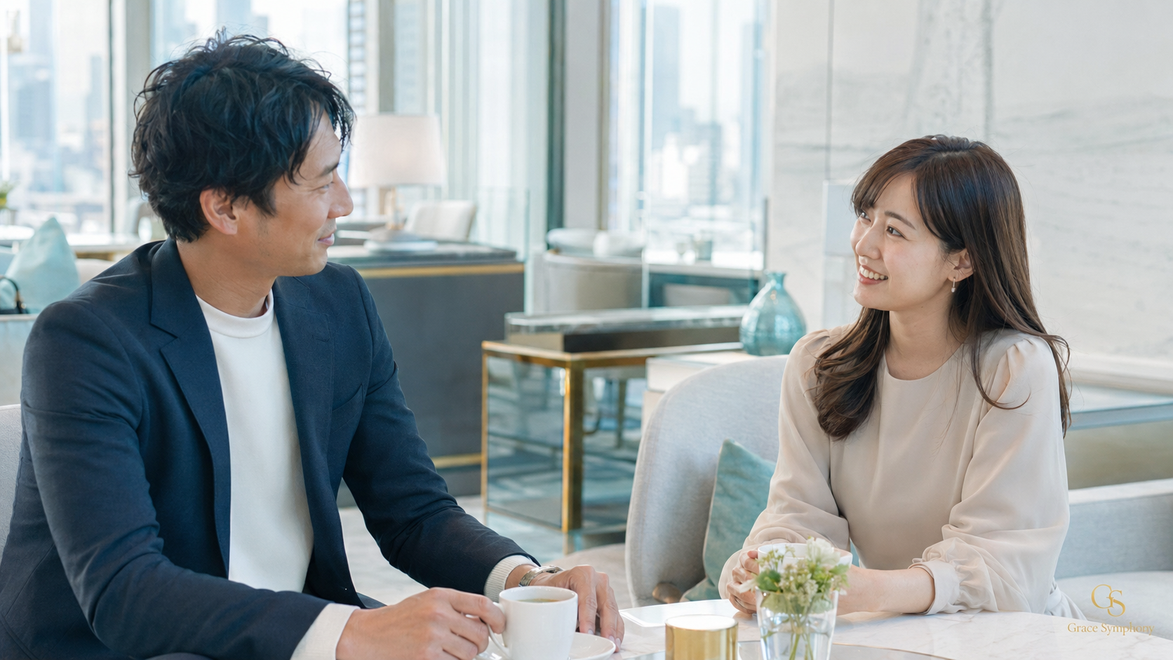 30代の仮交際4回目に、落ち着いて会話をする男女