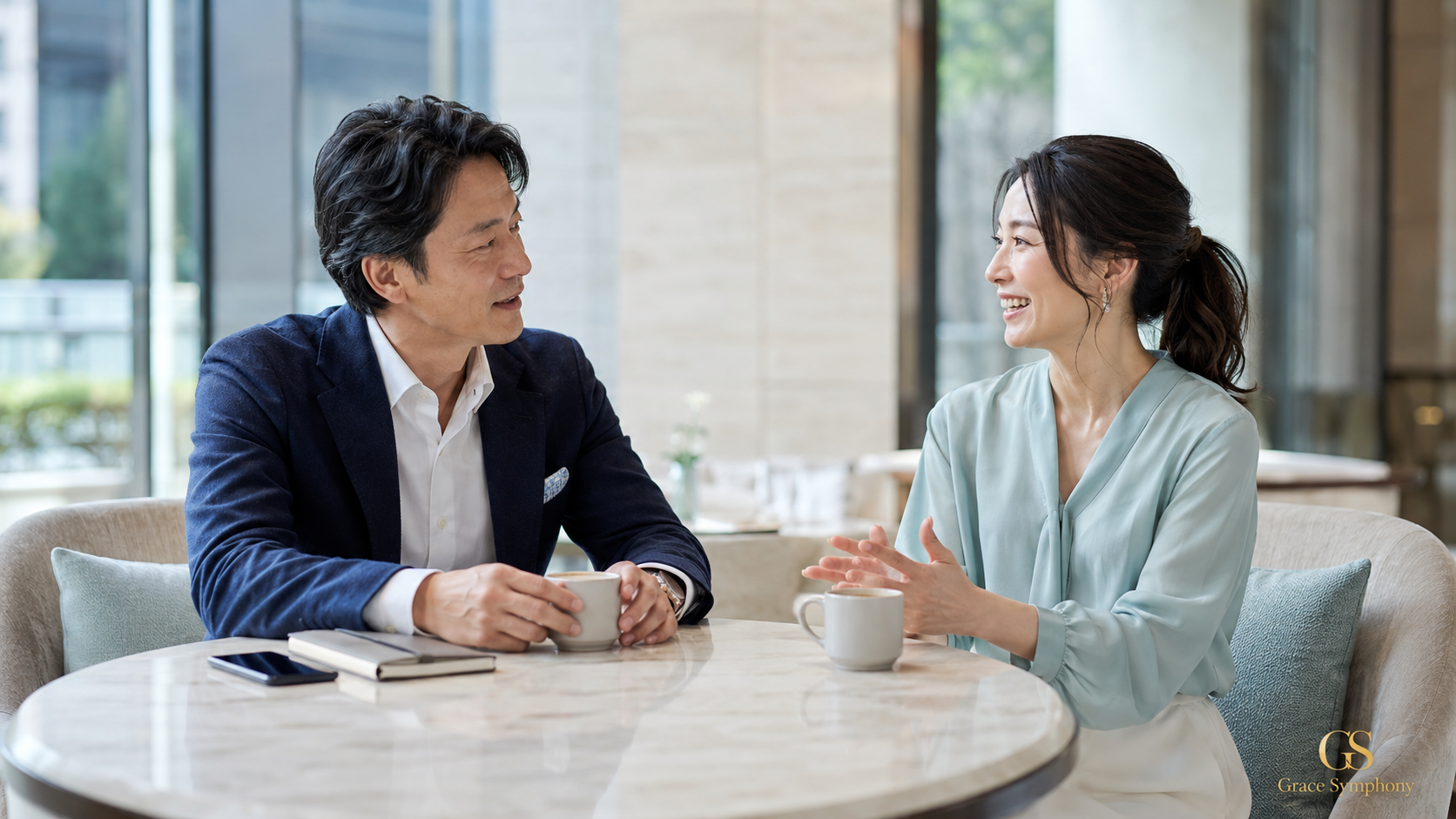 経営者男性との仮交際で、落ち着いて会話をする男女
