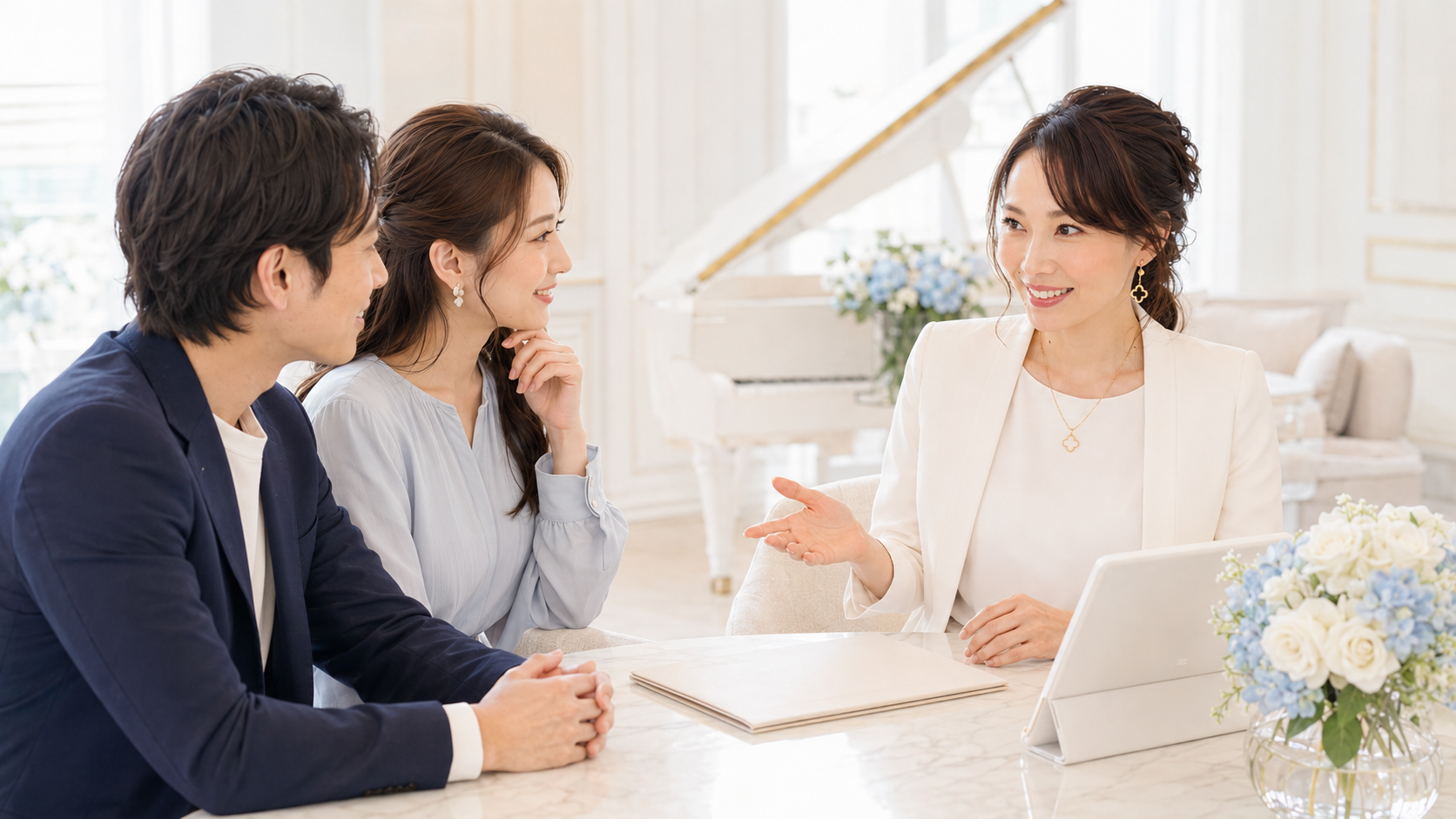 婚活の各ステージについてカウンセラーへ相談する男女