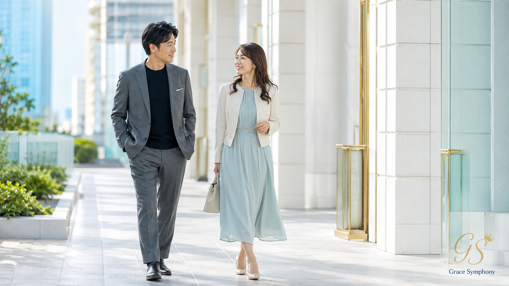 忙しい経営者男性と女性が明るい回廊を並んで歩く様子