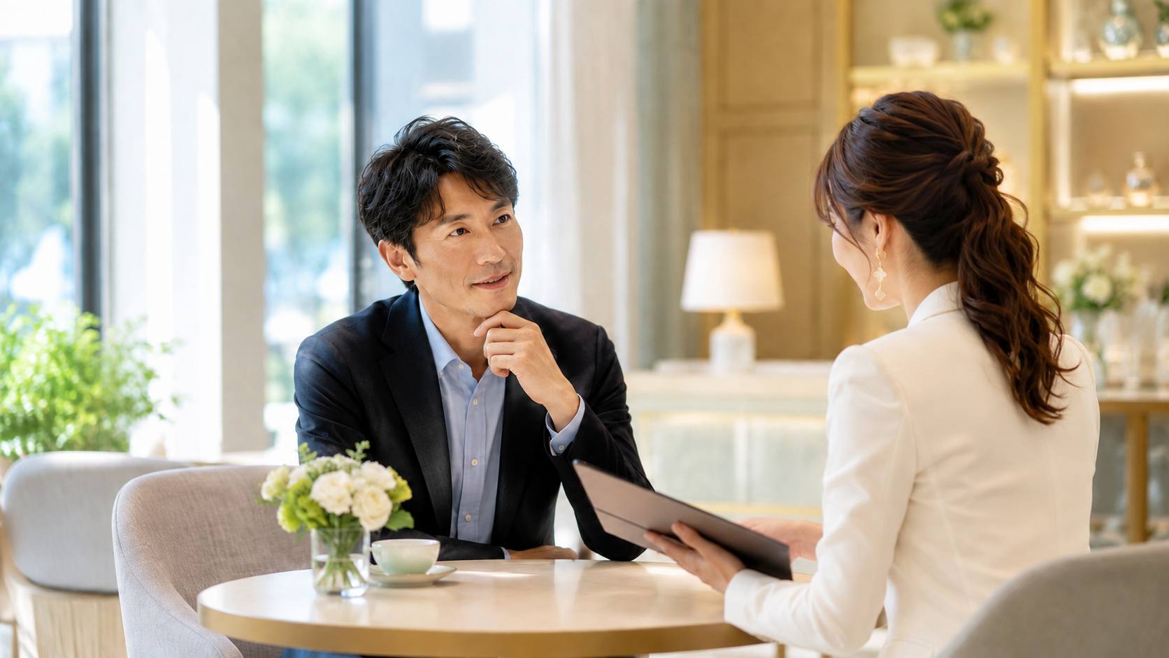 仕事と婚活の両立について相談する男性