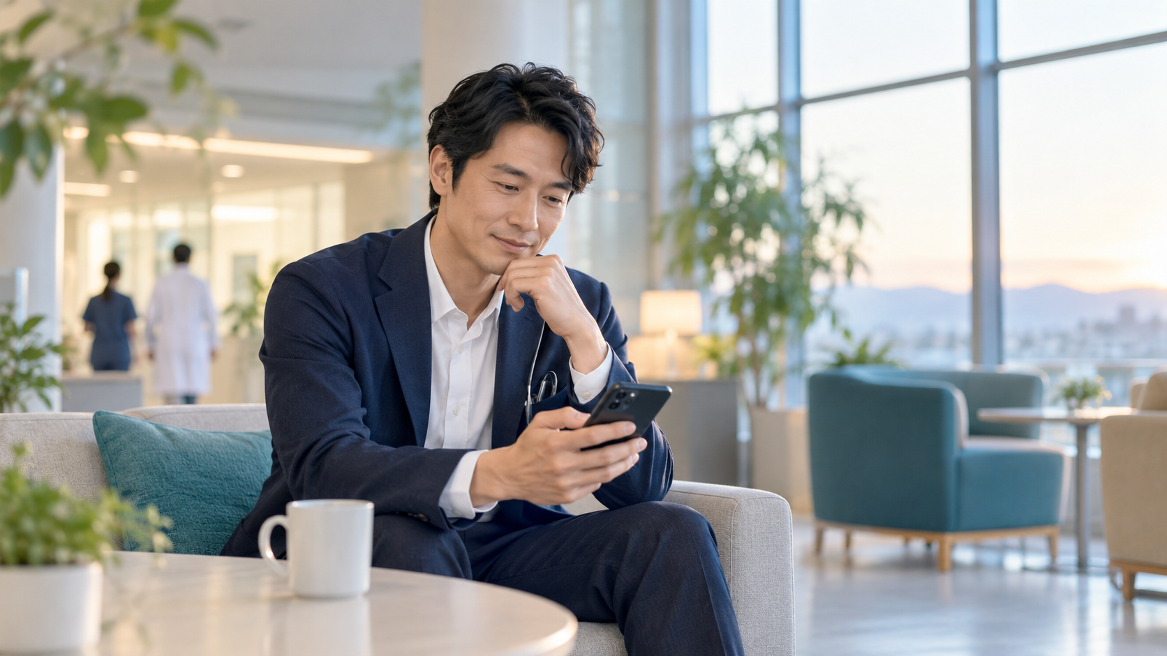 勤務後にスマートフォンを確認する30代の男性医師