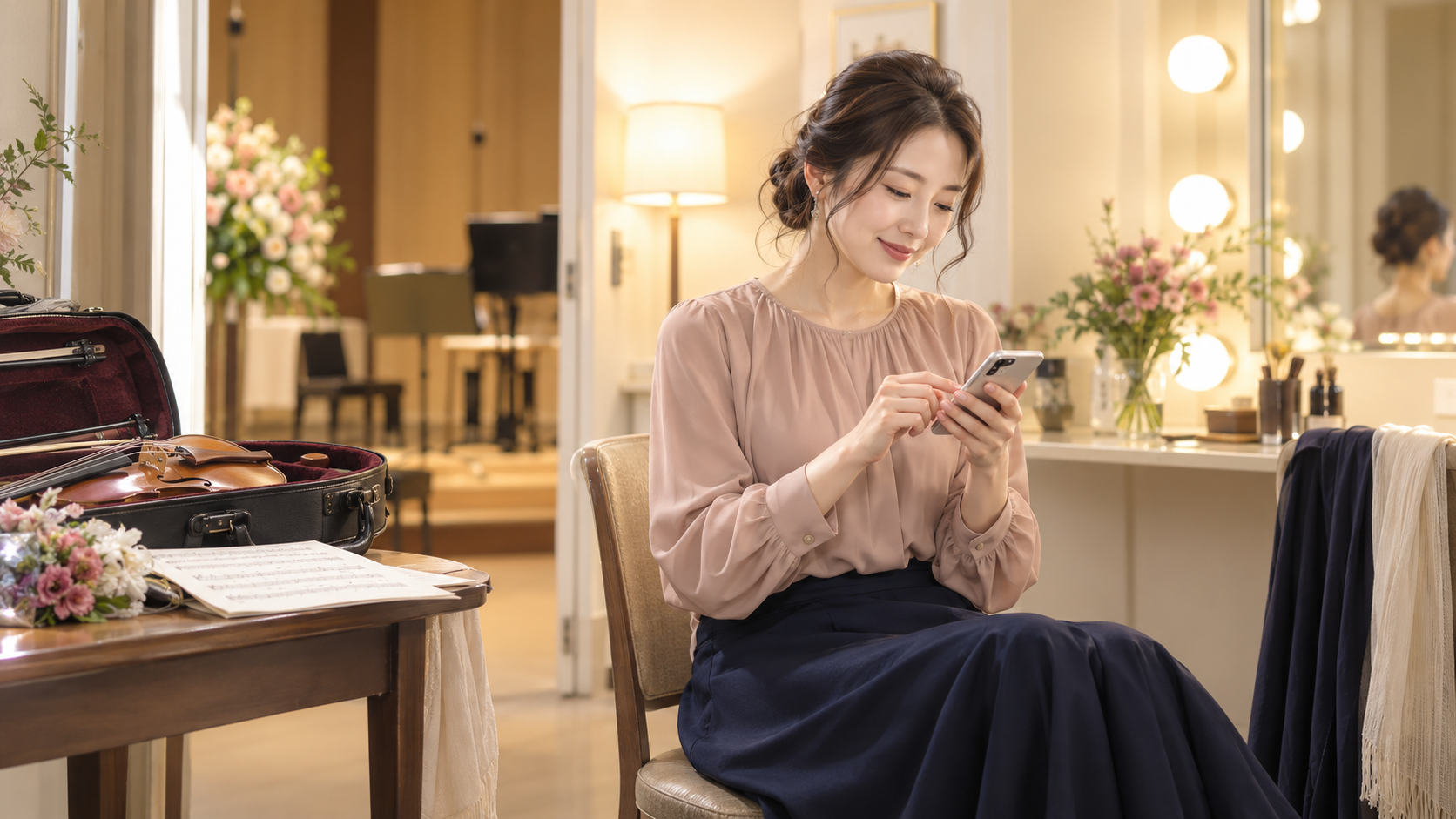 本番後の楽屋で予定を確認する30代の女性音楽家