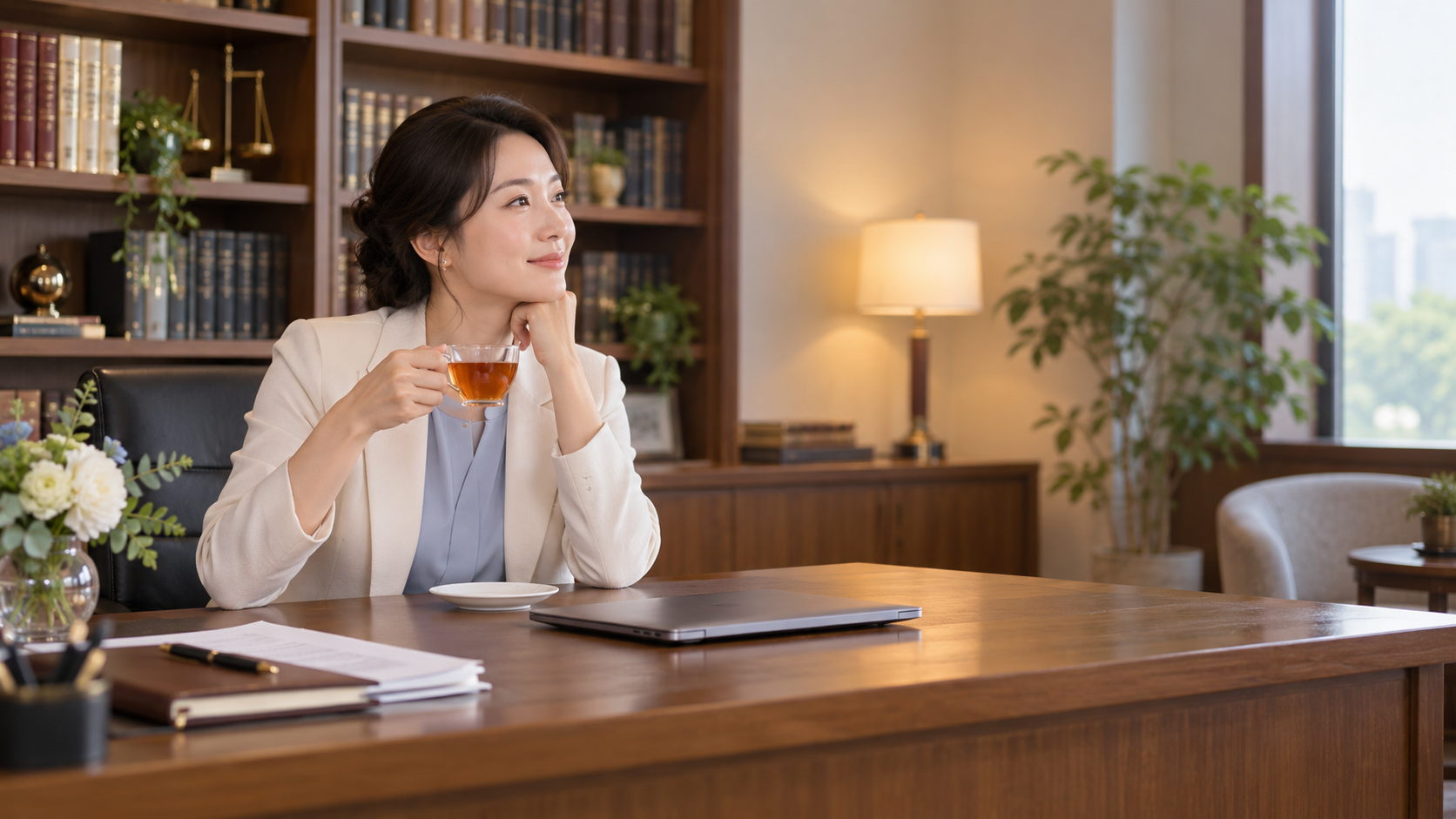 静かなオフィスで自分の気持ちを整理する30代の女性専門職