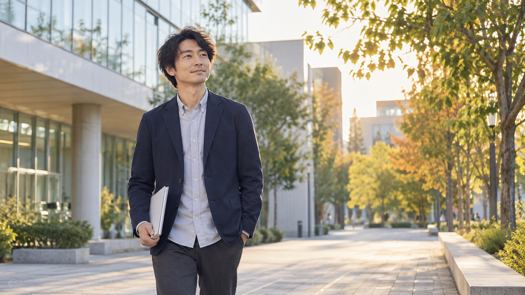 大学キャンパスを歩く30代の男性研究者