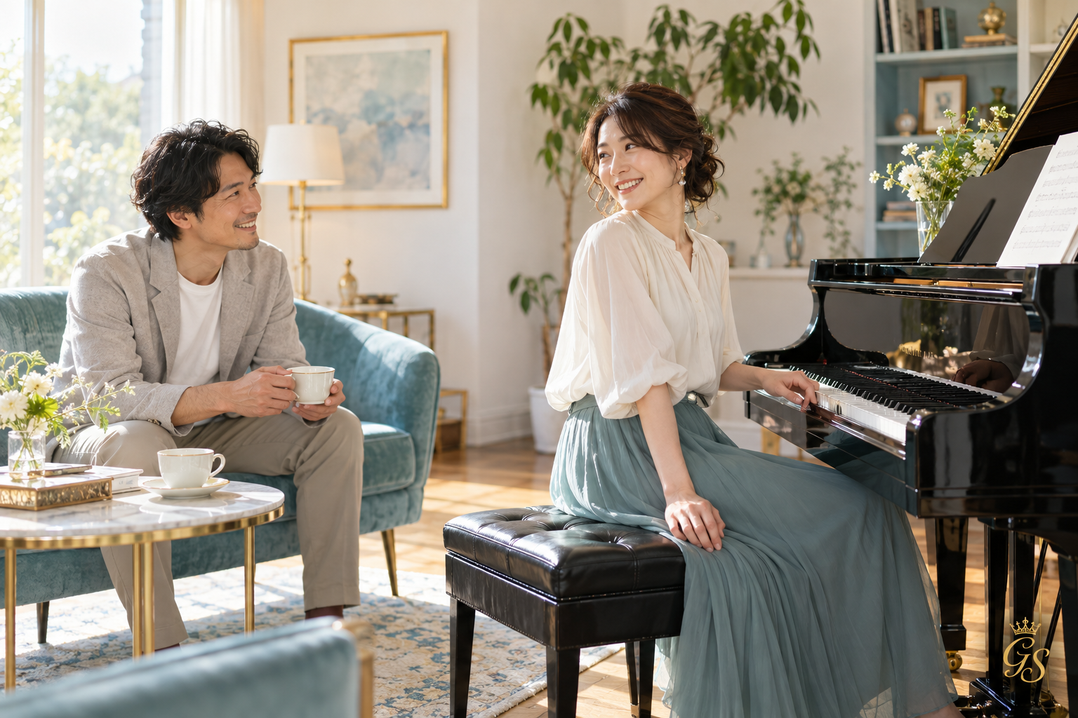 ピアノのある暮らしの中で、穏やかに微笑み合う男女のイメージ