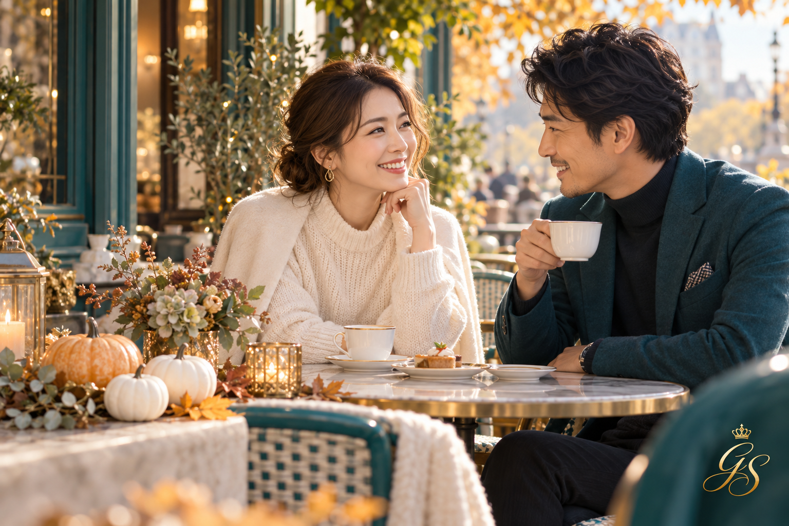 秋のカフェで穏やかに会話を楽しむ男女のイメージ