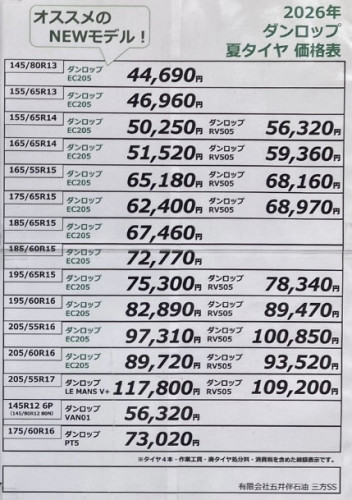 【2026最新】ダンロップ夏タイヤ価格表｜燃費のエナセーブ＆静かなル・マン205/55R17もお任せ！工賃込の総額表示