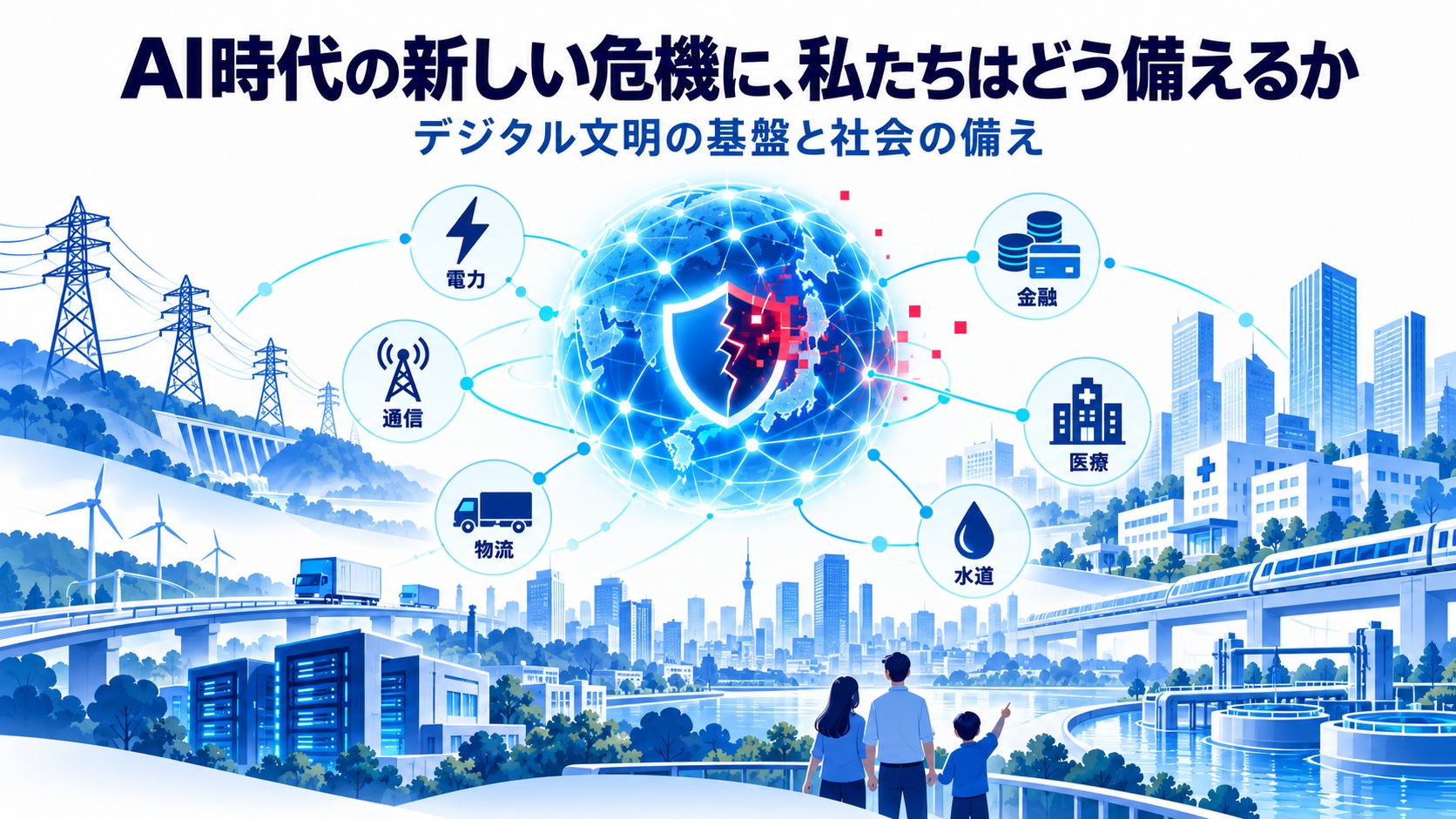 AI時代の新しい危機とデジタル社会の備えを表したイラスト