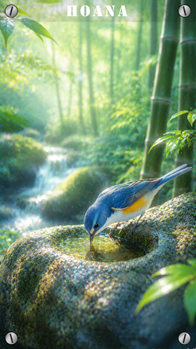 幻想的液な竹林とルリビタキ