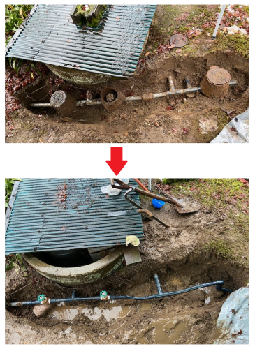水配管の漏水修理（修理前・修理後）写真です