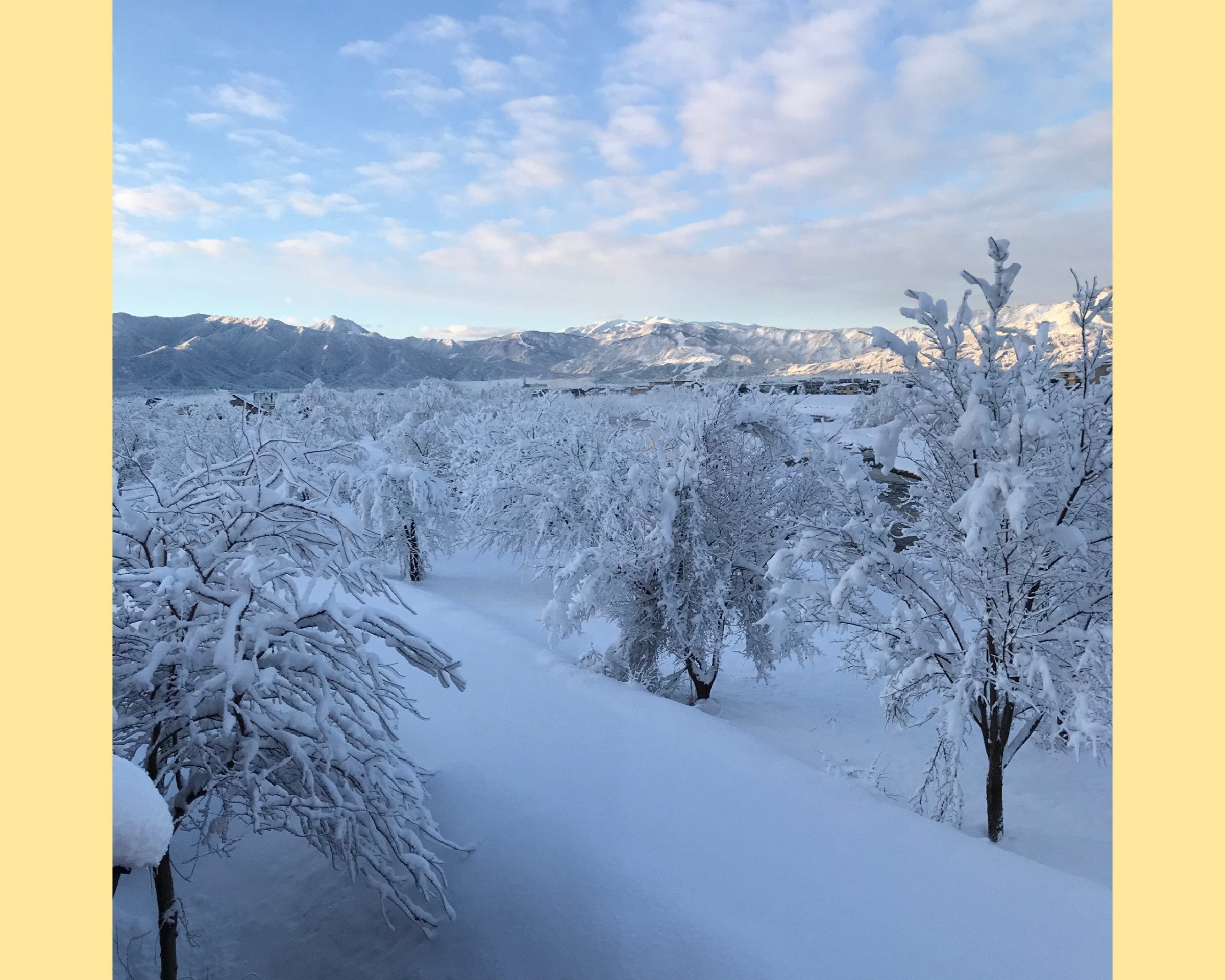 2月　当館裏の雪景色　朝日を浴びる山々