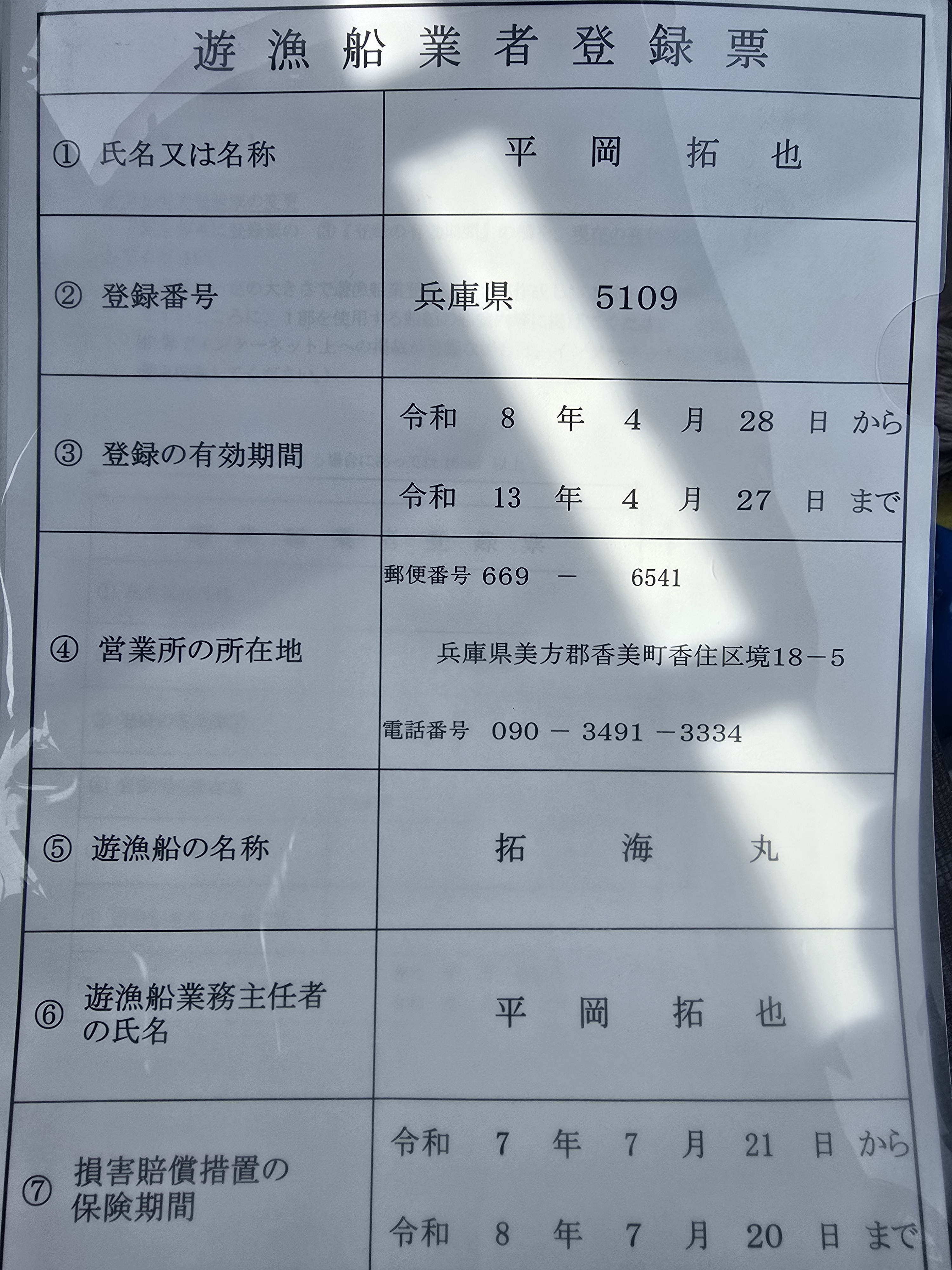 遊漁船登録証