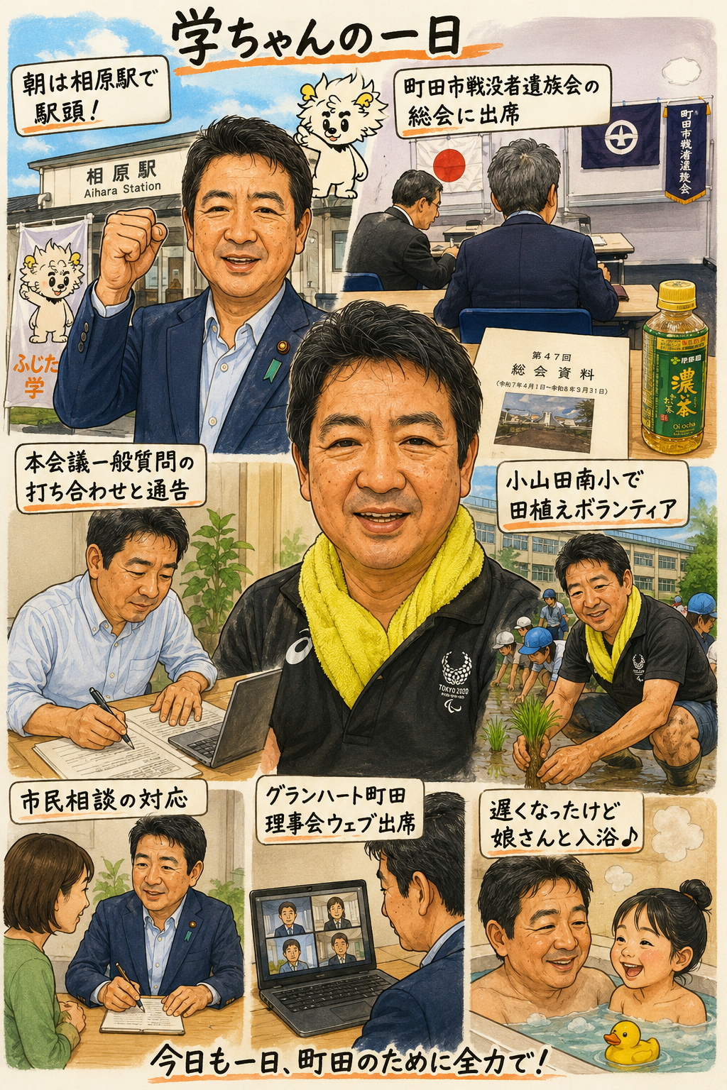 5月26日（火） 学ちゃんの1日！  「市議会議員って普段なにしてるの？」そんな質問をよくいただくので、こんな一日でした😊  朝は相原駅で駅頭活動。  その後、町田市戦没者遺族会の総会へ出席。  本