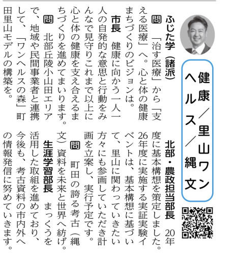 【町田市議会だよりに掲載されました】  私の一般質問が、「町田市議会だより」に掲載されました。  今回取り上げたテーマは、  ・「治す医療」から「支える医療」への転換による健康まちづくり  ・北部丘陵
