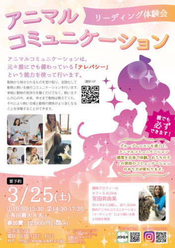 【NEW!!】イベント☆３/25(土)・3/26(日)アニマルコミュニケーションinJOKER二子玉川！▶︎▶︎▶︎終了しました。