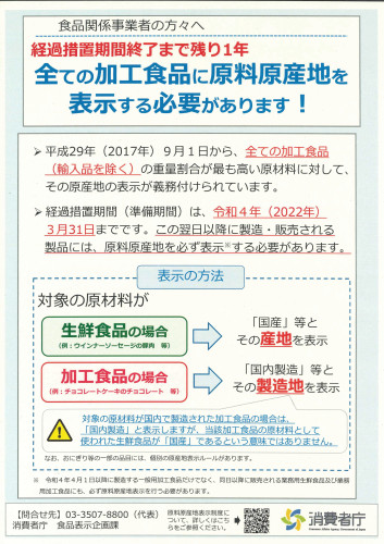 食品関係事業者の方々へ～全ての加工食品に原料原産地を表示する必要があります！～