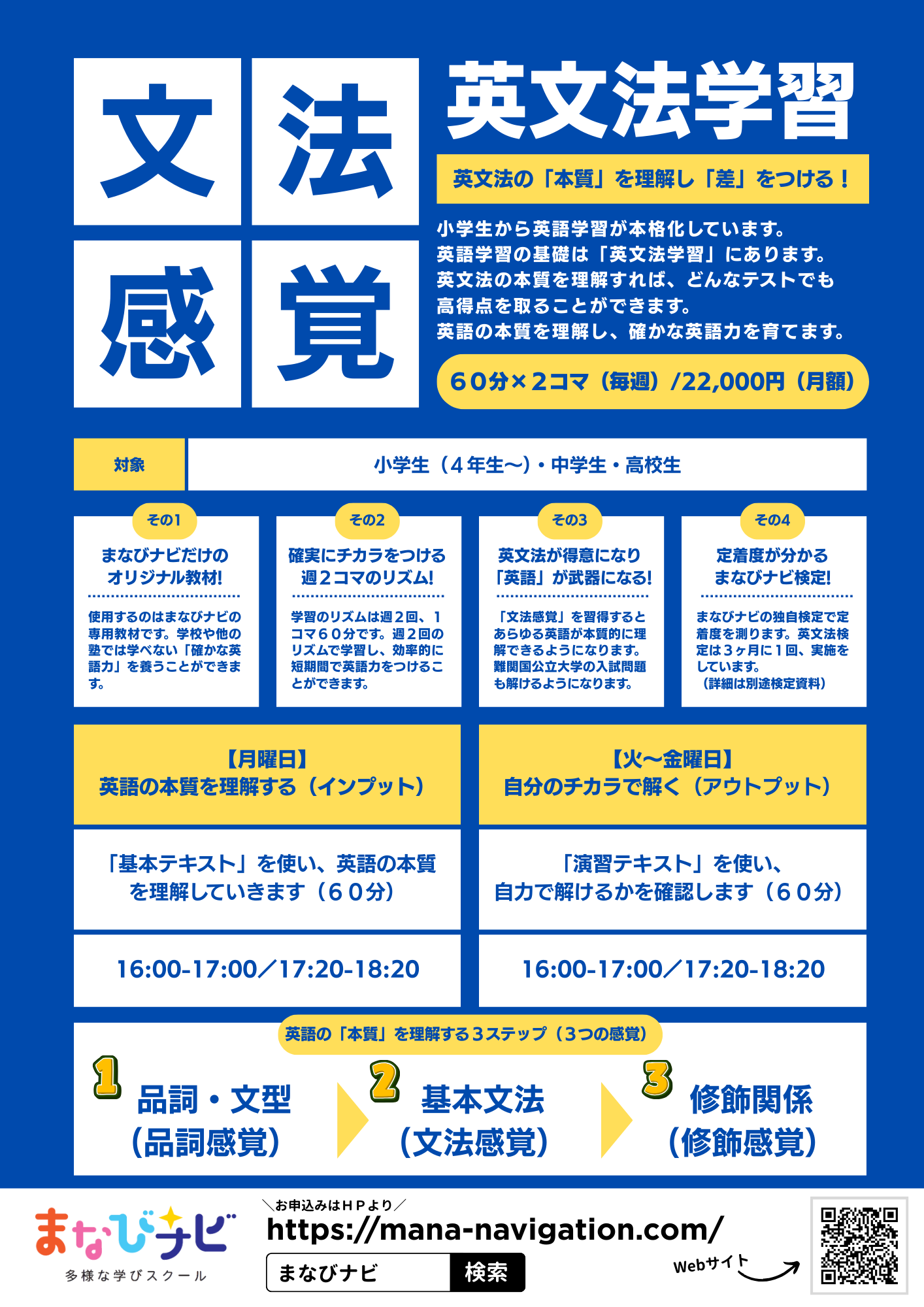 【「差」をつける英語力を養う】「文法感覚」を育てる英語クラス （小学４年生・中学生・高校生 対象）