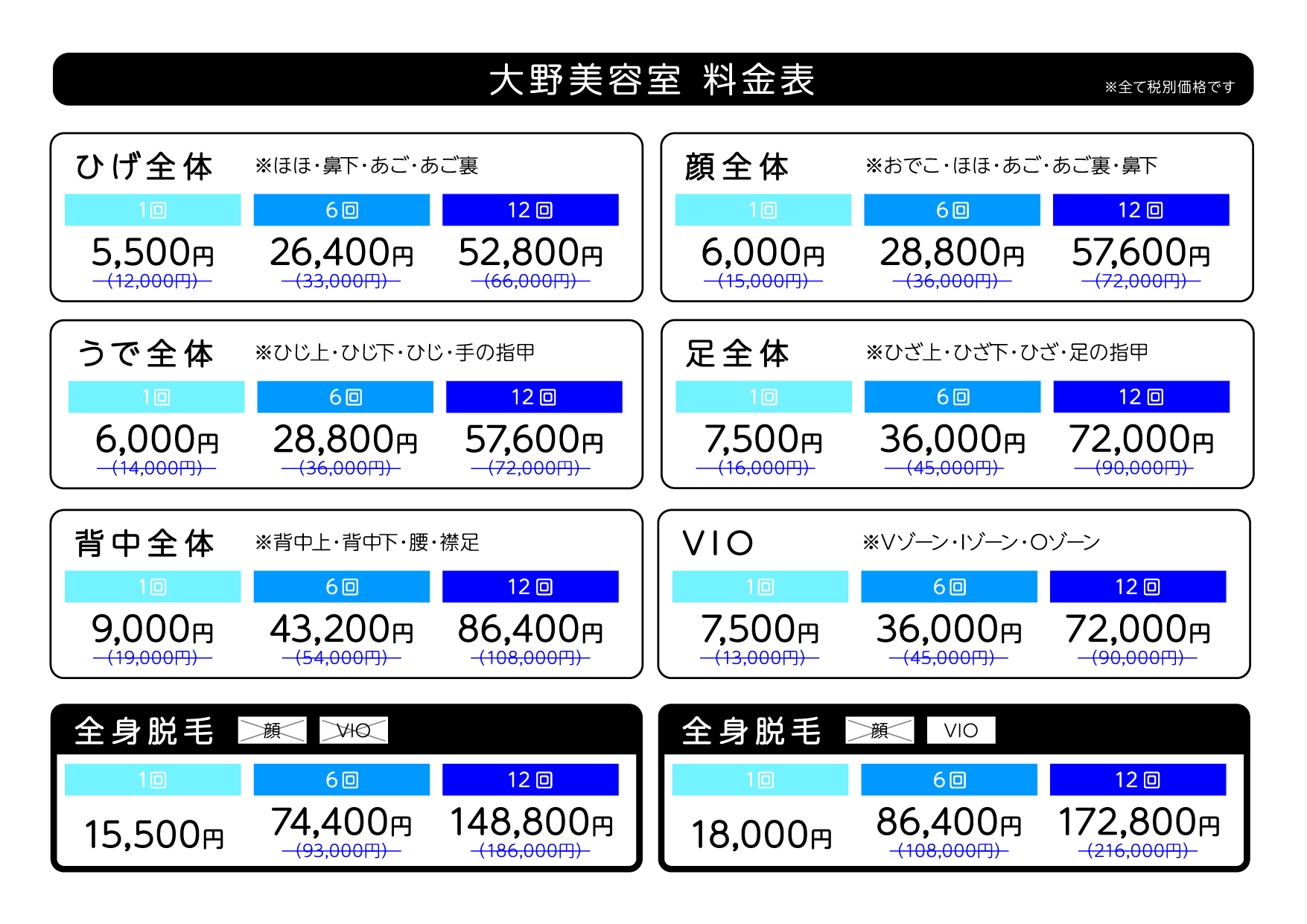 脱毛メニュー料金表（男性１）