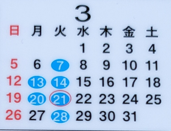 3月のサロン定休日