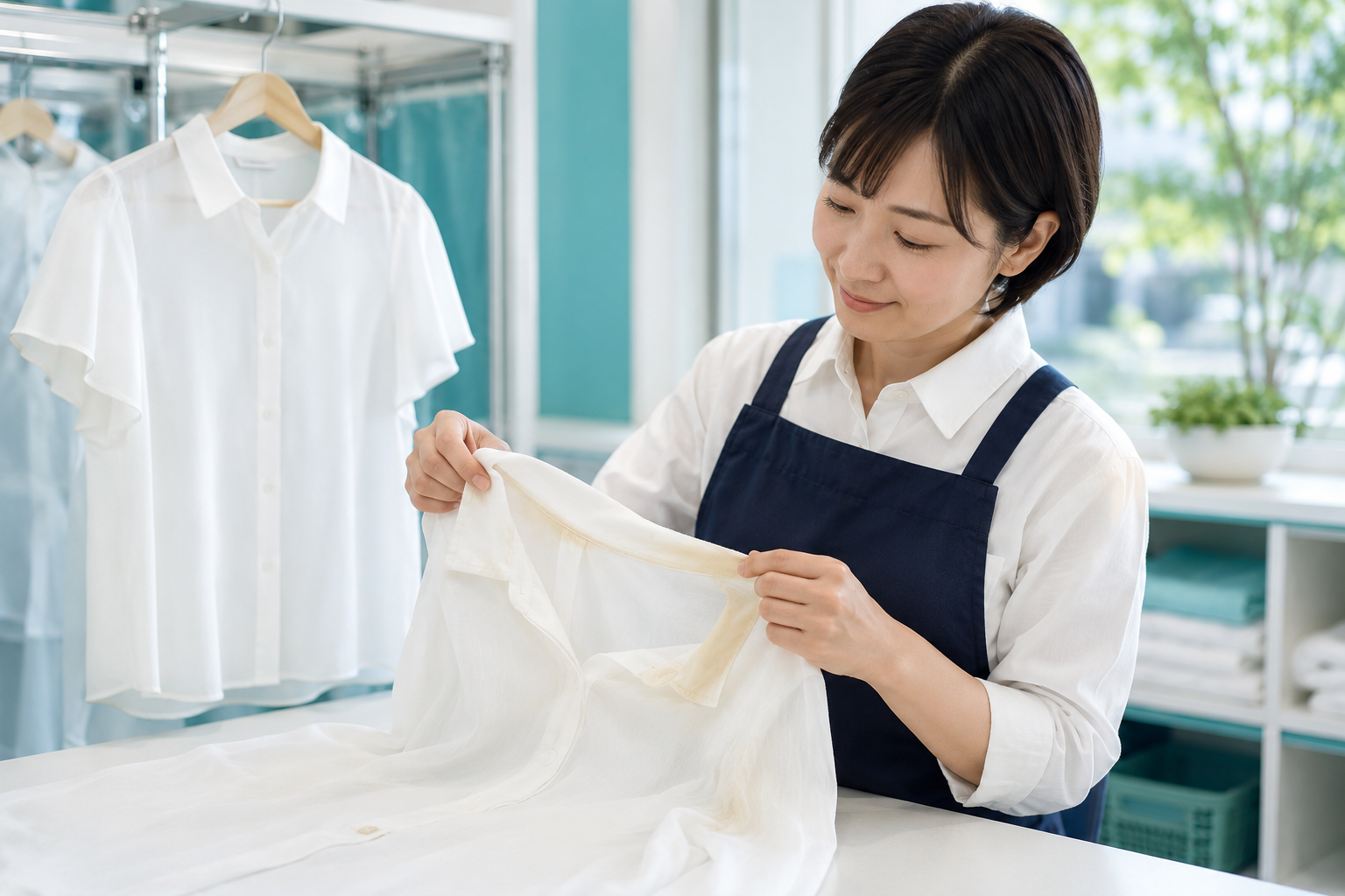 白いブラウスの衿の黄ばみを確認するクリーニング店スタッフ