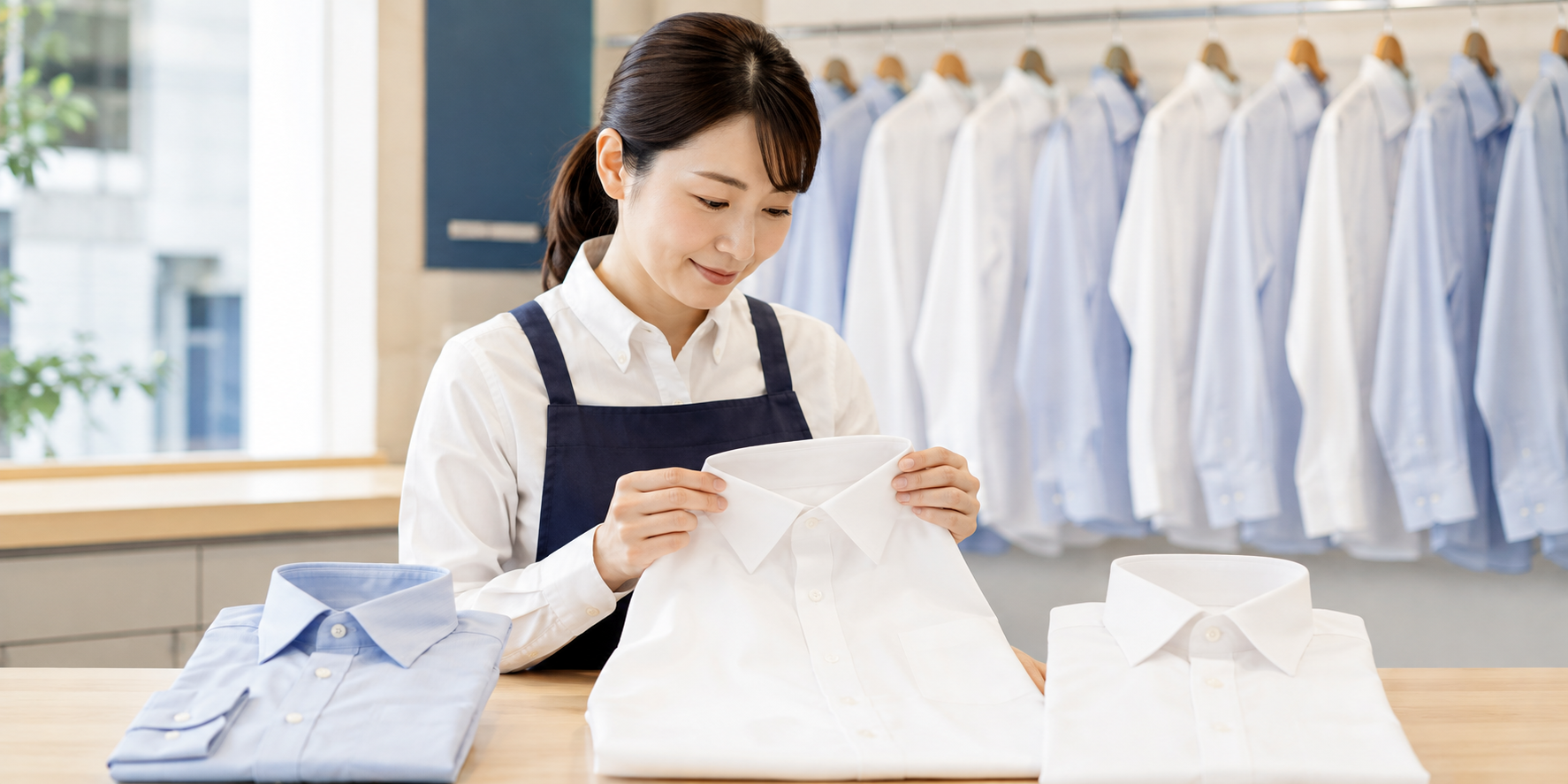 仕上がったワイシャツの衿を確認するクリーニング店スタッフ