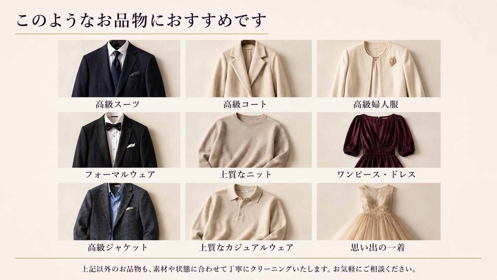 ロイヤルコースにおすすめのスーツ、ジャケット、コート、ニット、ワンピースなど