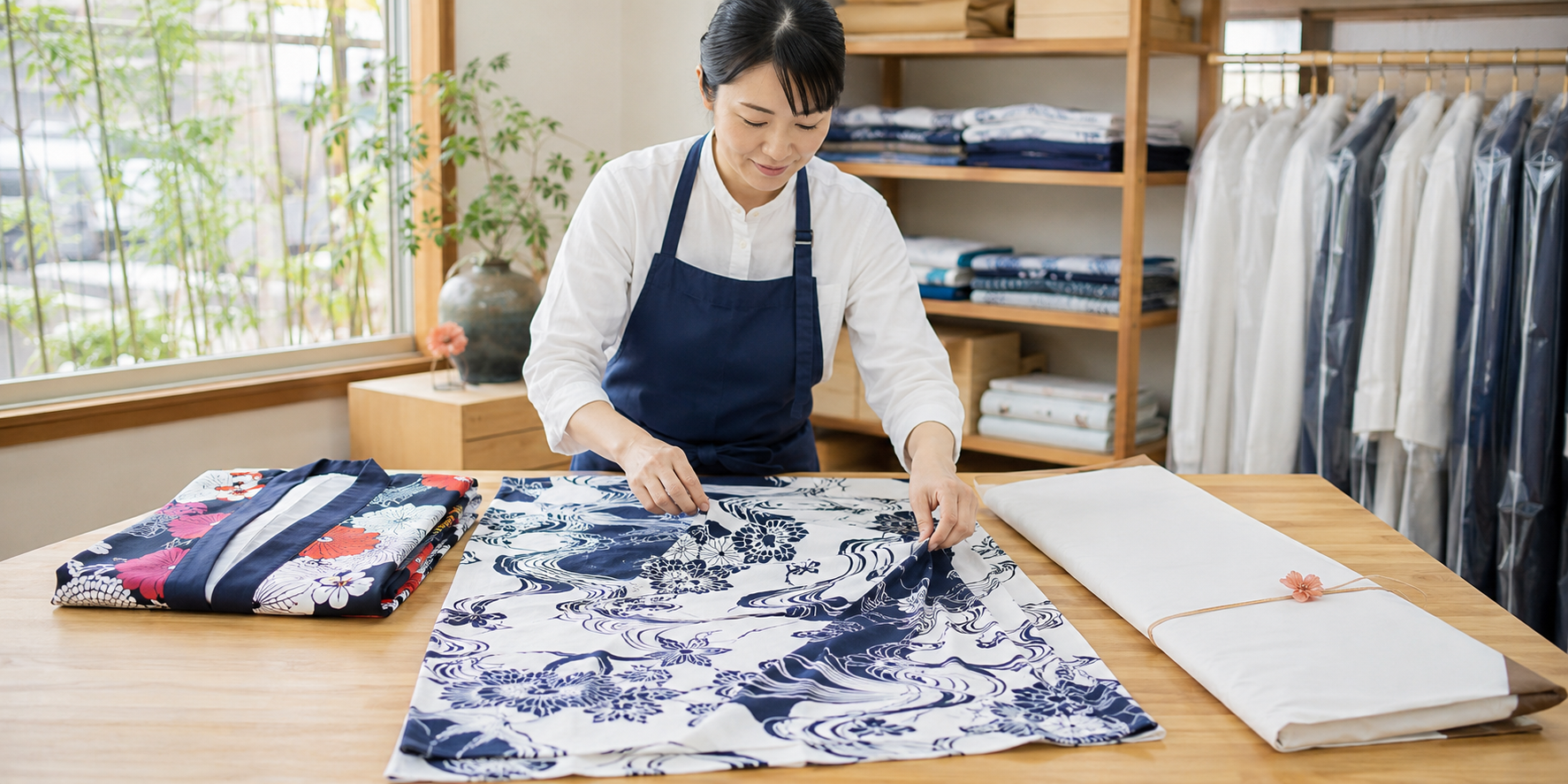 ゆかたを丁寧に手仕上げし、たとう紙に包んでお渡しするクリーニング