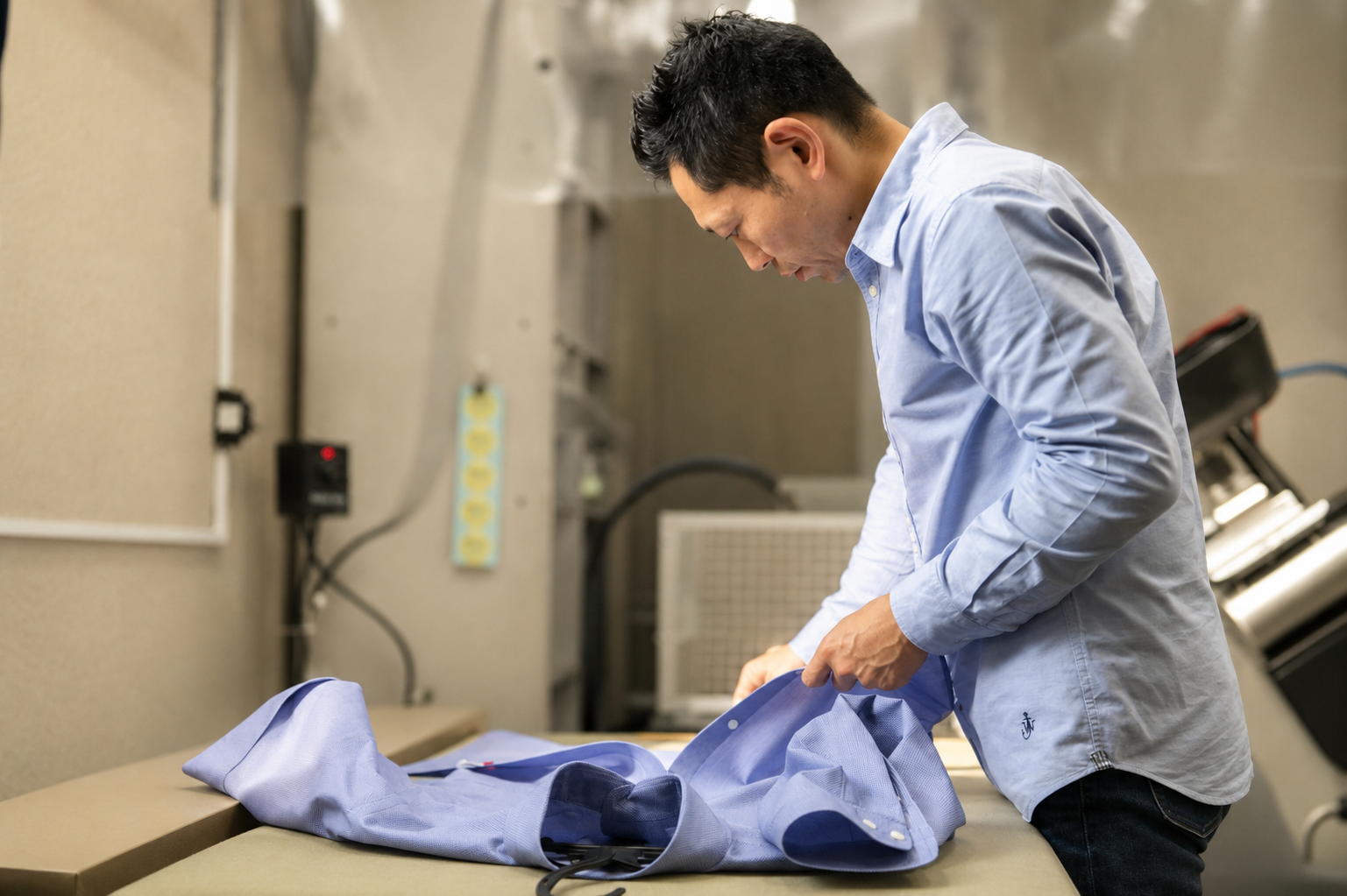 職人がワイシャツのシワと形を確認して手直ししている様子