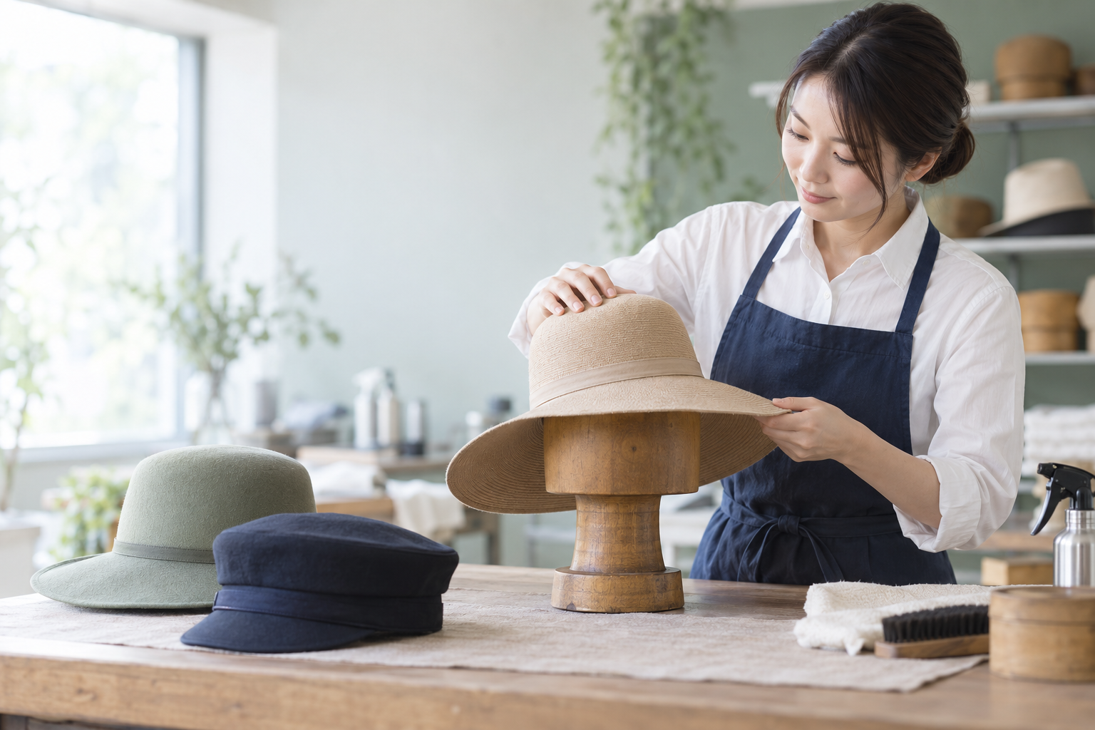 専門工房でクリーニングできるさまざまな形と素材の帽子