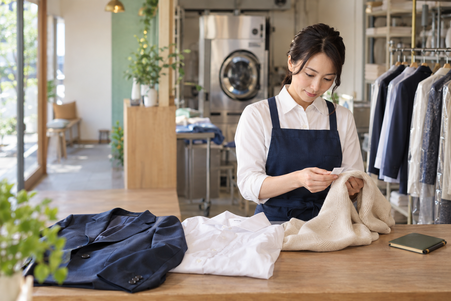 衣類の素材や状態を確認して適した洗浄方法を考えるクリーニング店スタッフ