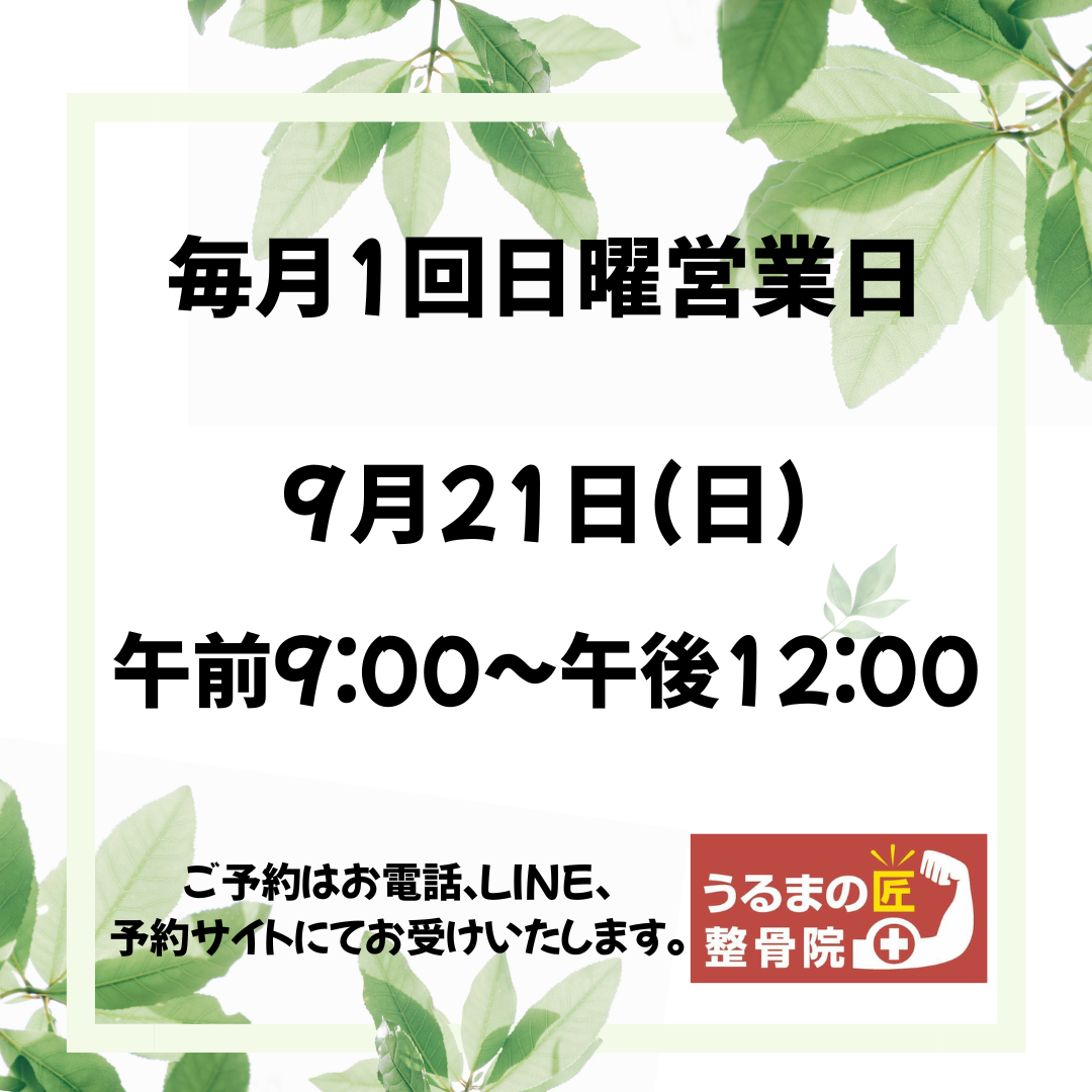 ９月21日(日)は毎月1回日曜営業日