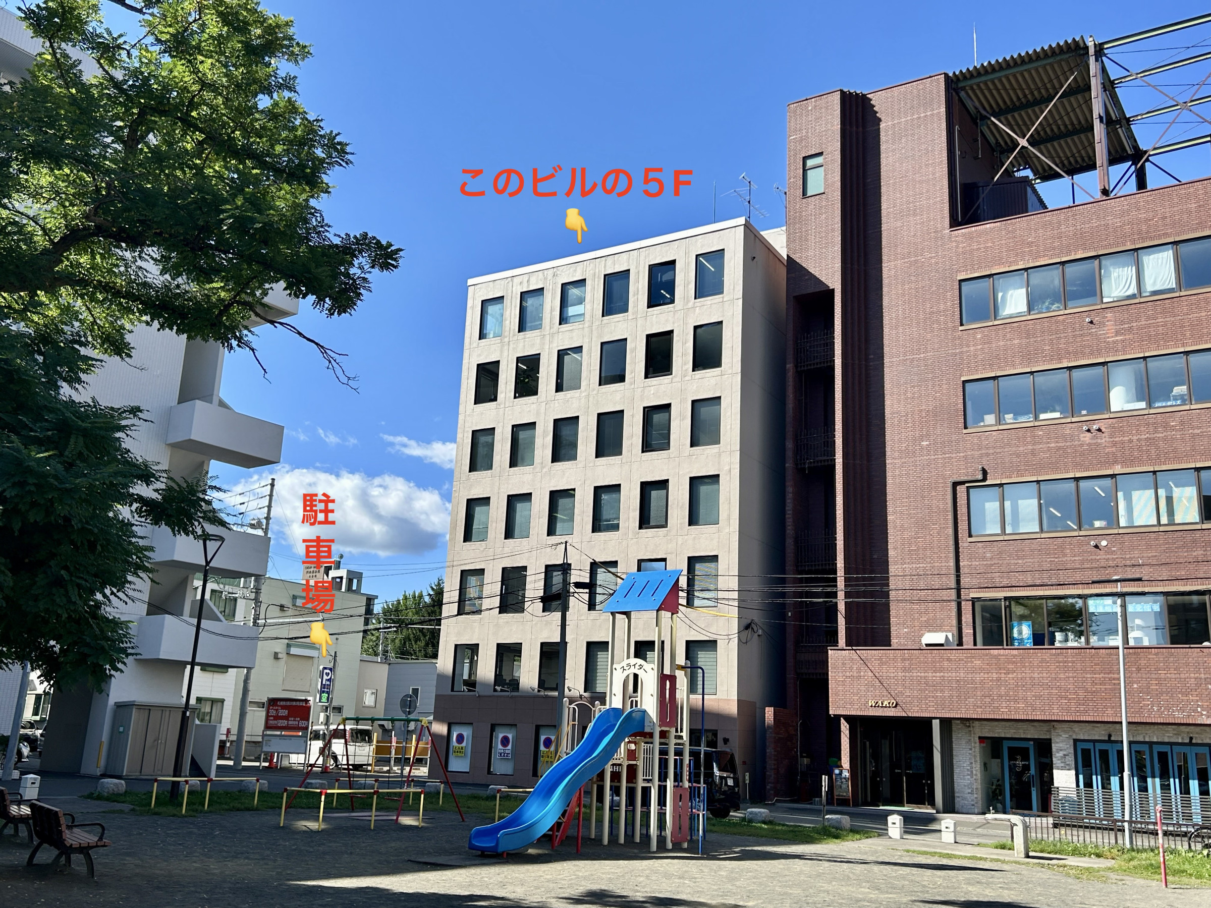 札幌店　円山裏参道公園の東側、グレーのビルの５階です。