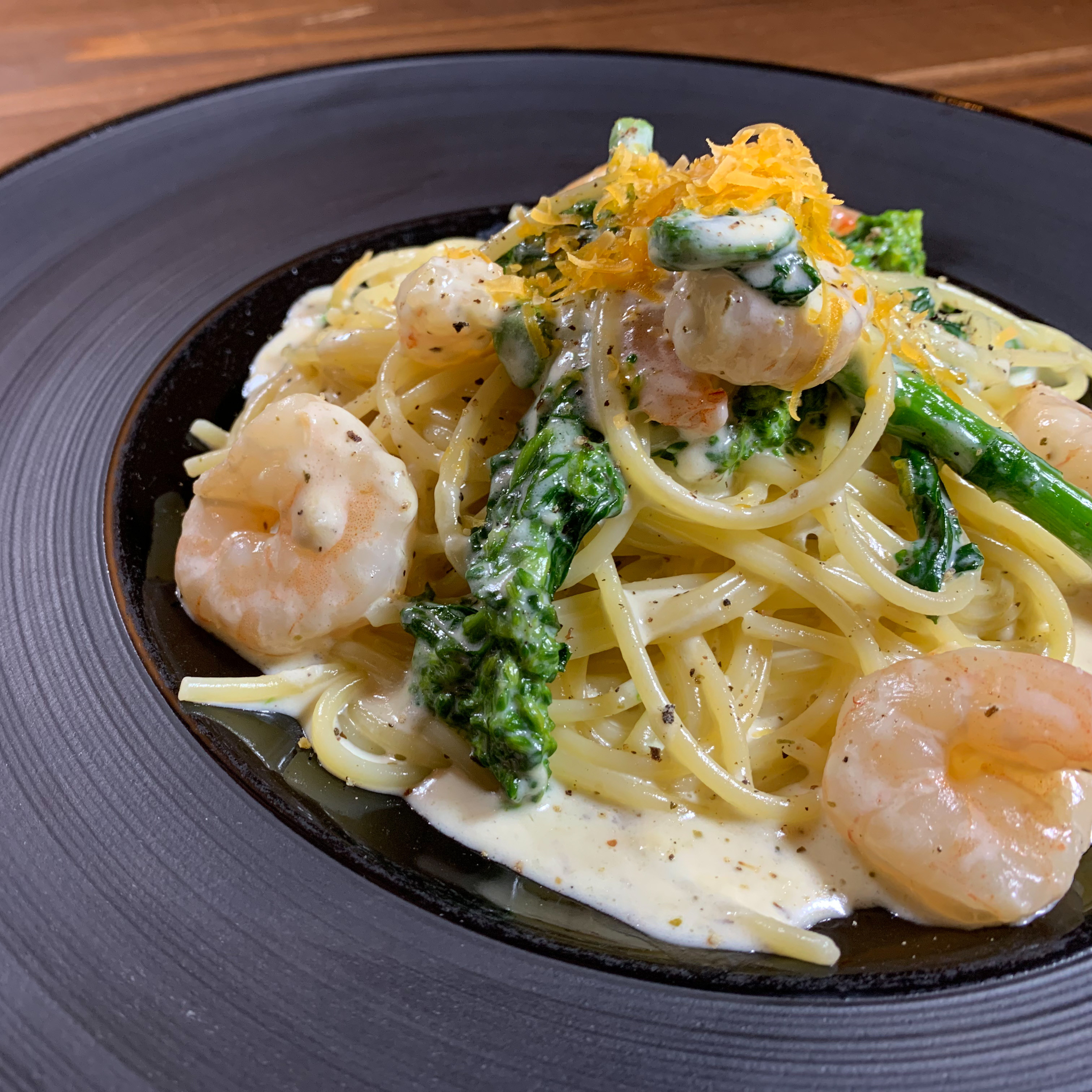 菜の花と海老のチーズクリームパスタ～ミモレットの花を咲かせて