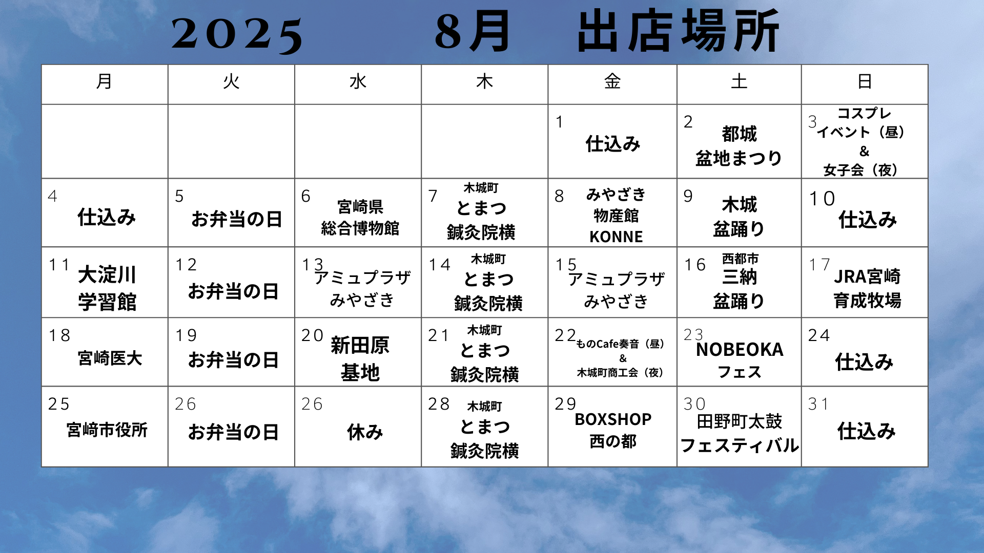８月の出店場所