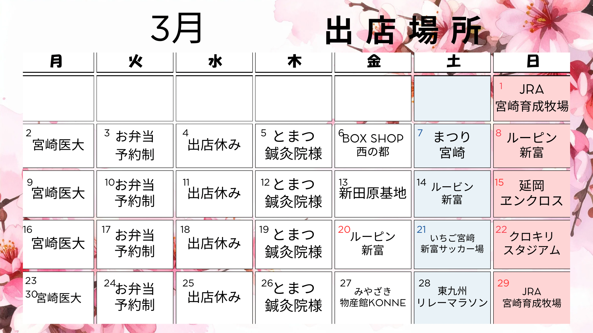 ３月の出店場所