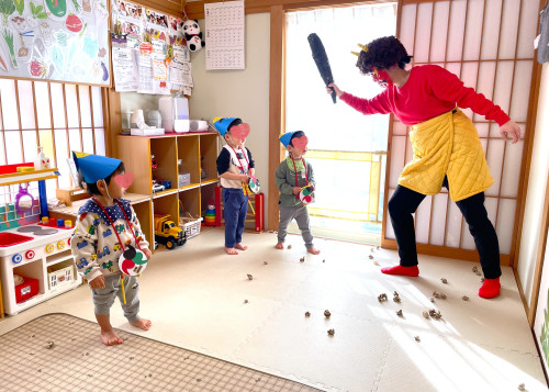 優しい鬼さんだった…。豆まきして一緒に遊んだよ！