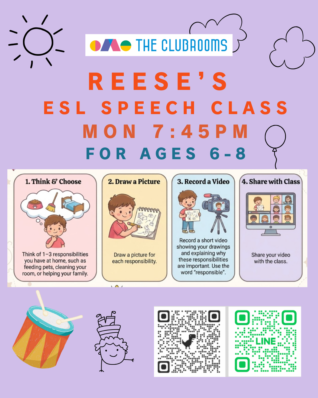 Monday 745pm ESL for 6-8yr olds- 6−8歳向け、月曜7:45pm-8:30pm ReeseのEnglishクラス