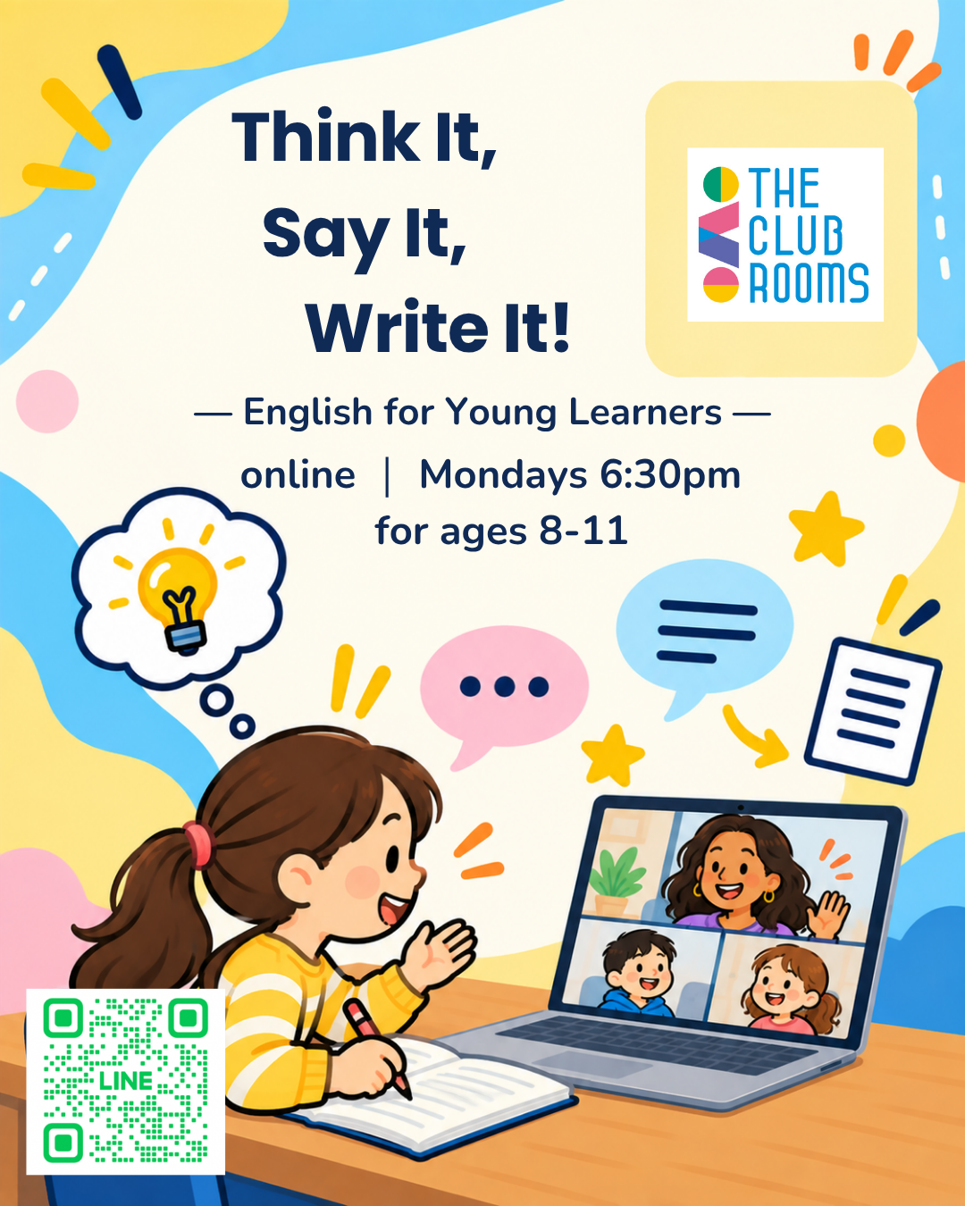 月曜の6:30pm 英検3級以上で話す＆書くクラス「Think it, Say it, Write it! - English for Young Learners -」新クラス開講