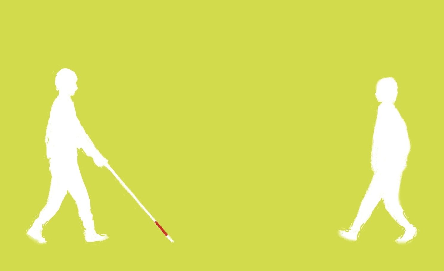 白杖（はくじょう）歩行訓練の一場面のイラストです。アイパートナーでは、杖の種類や使い方の知識と技術を習得するための練習を実施しています。