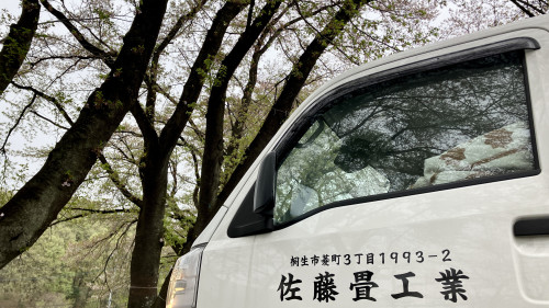 桐生市新里町の公園にて、春の桜の木の下に佇む佐藤畳工業の社名入り作業車
