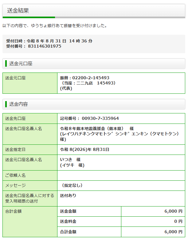 8/31　熊本地震義援金報告